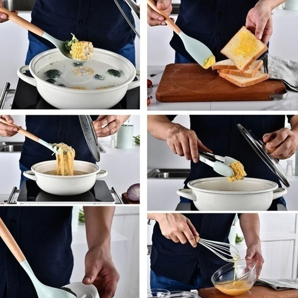 

11PCS Wooden Handle Non-Stick Pan Spatula and Spoon Set Cooking Tools Kitchen Supplies )