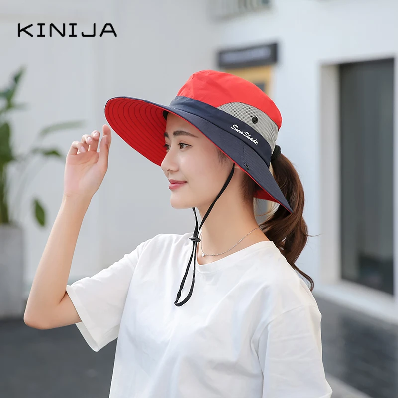 summer women Cotton sun protection cap sun hat uv protective Outdoor Fishing bucket Hat Horsetail hole Benny cap fisherman hat