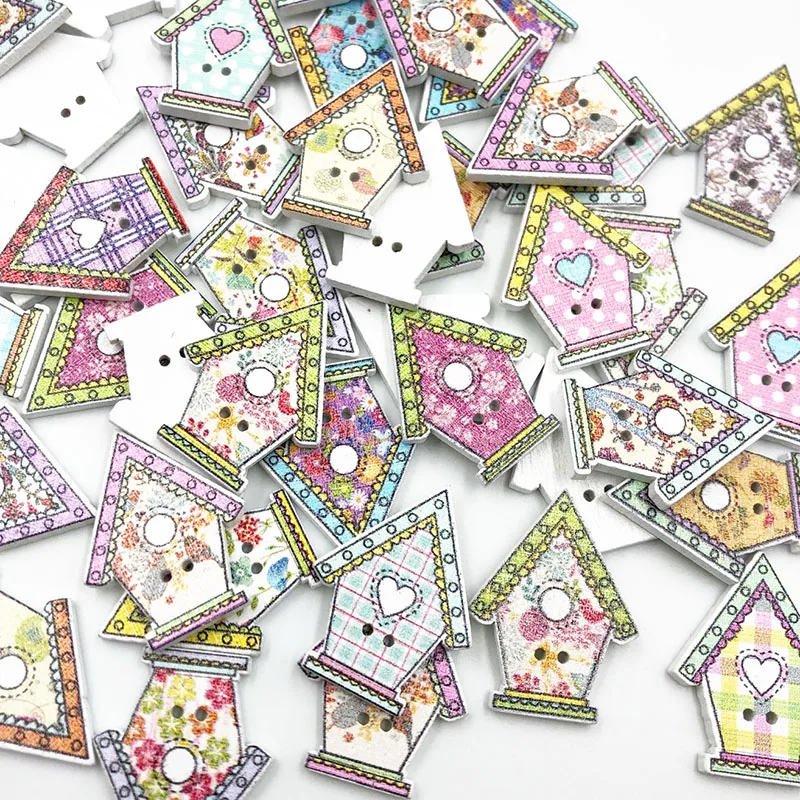 

50/100pcs Mix House Wood Buttons 2Holes Sewing Crafts Accessories WB702