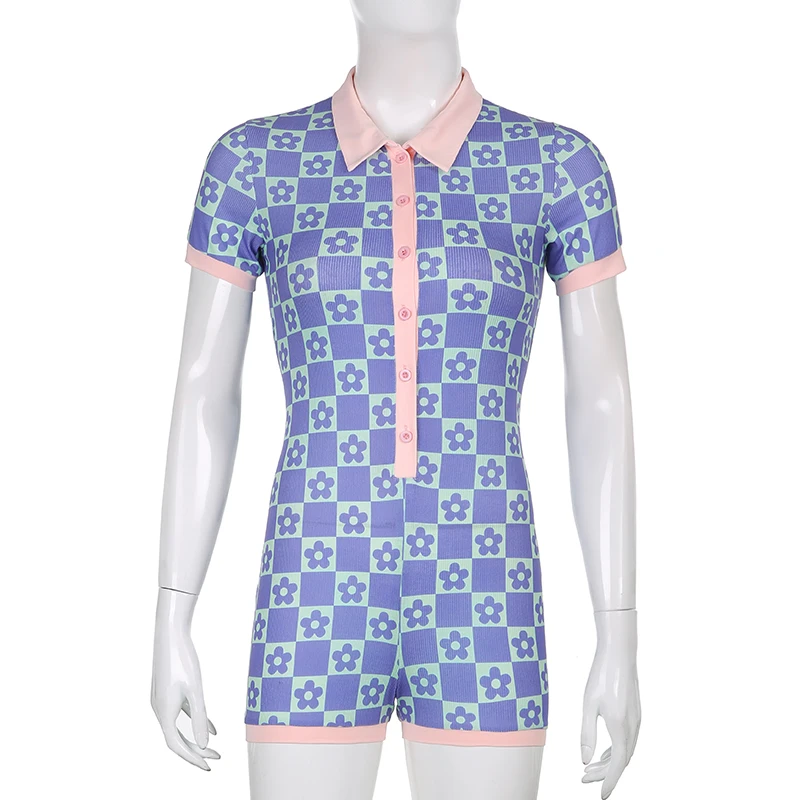 

ALLNeon 2000s Aesthetics Cute Floral Checkered Playsuits Y2K Streetwear Vintage Buttons Turn-Down Collar Short Sleeve Rompers