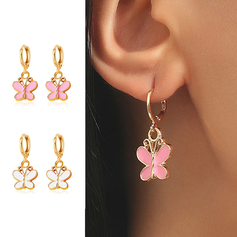 

New Fashion Pink Butterfly Earrings For Girls Delicate Enamel Unique Party Wedding Cute Hoop Earrings For Women Party Jewellery