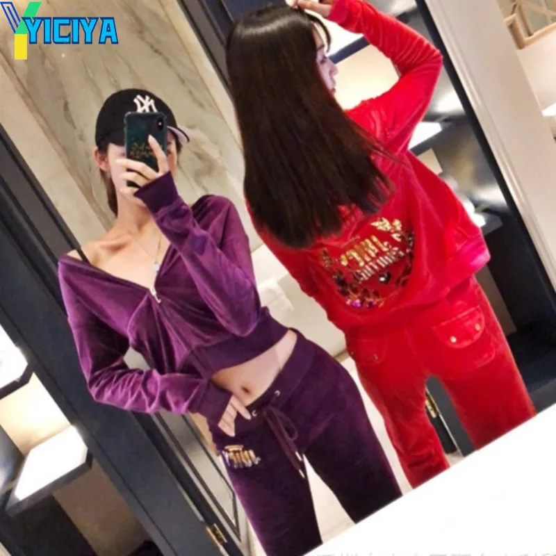 

YICIYA 2021 Velvet Zipper Sweatshirt And Pants Velour Pants Suit Autumn And Winter Two Piece Set Women Tracksuits Velour Suit