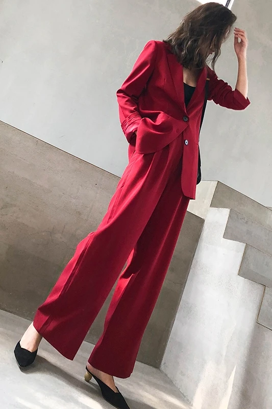 

Fashion lady two piece suit sets solid red elegant stylish blazers and wide leg pants women 2019 New set feminino outfits