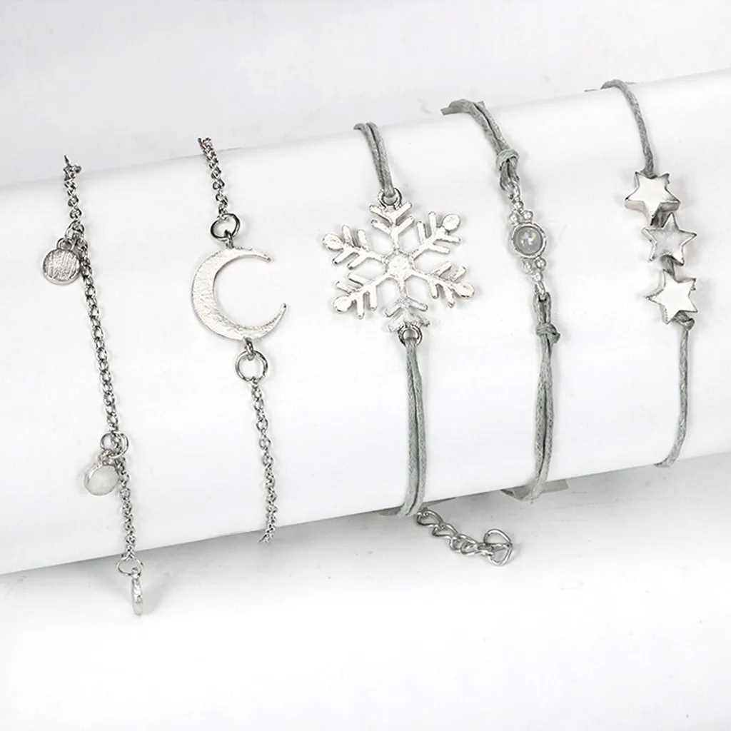 Женский браслет со снежинкой с пятиконечными звездами Луной и открытым