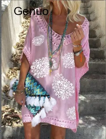 

Bohemia Dress Women V-neck Mini Dress Fashion Hollow Out Dress Summer Dot Print Dresses Female Short Sleeve Dress Vestido Mujer