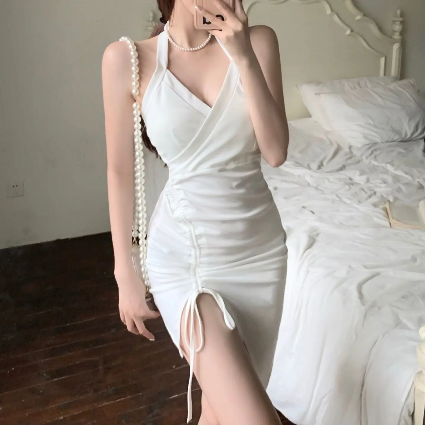 

Summer White V-Neck Bodycon Halter Dress Elegant Women Fashion Clothes Sexy Party Slim Slit Mini Ruched Backless Dresses Lady