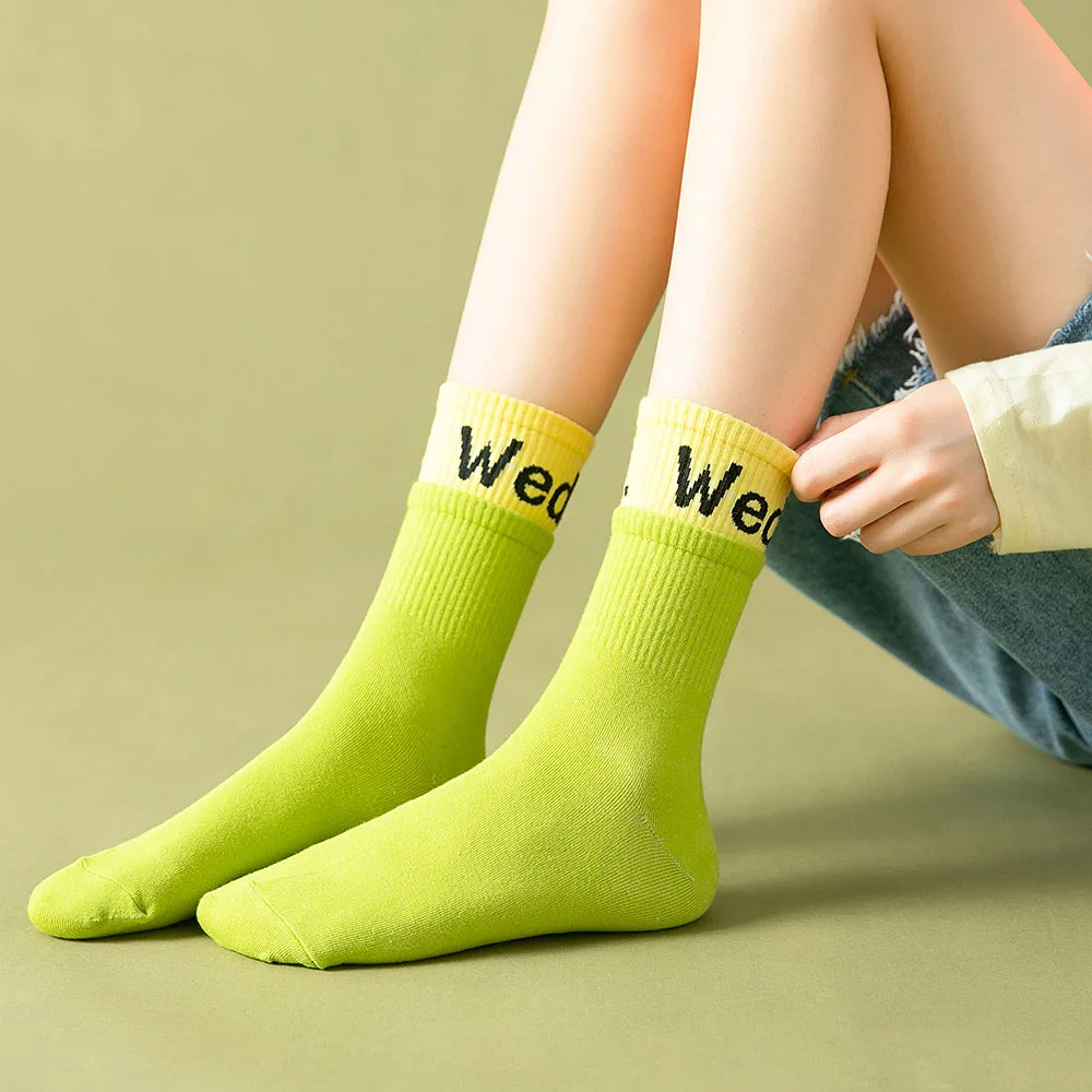 New women's color matching letters pure cotton fashion solid casual week socks 7 Pair