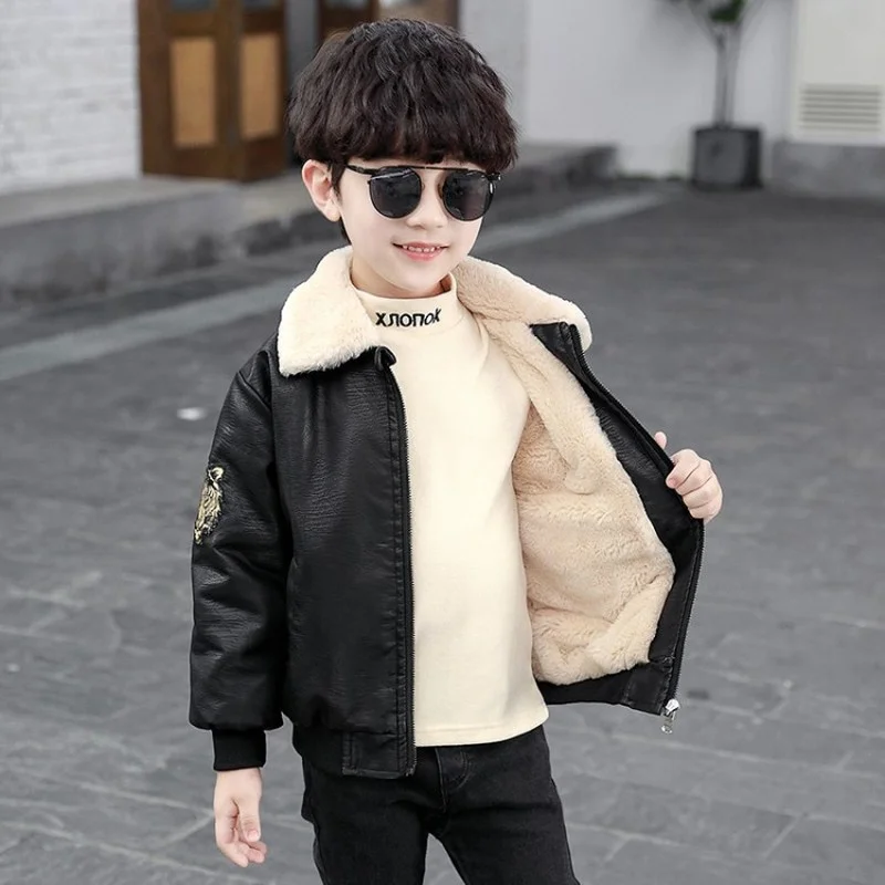 

New Embroidery Boys Coats Autumn Winter Fashion Korean Children's Plus Velvet Warm Cotton PU Leather Jacket For 2-10Y Kids Hot