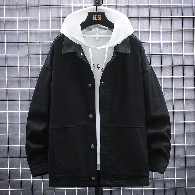 

Autumn and Winter Men's Solid Color Loose Denim Jacket Korean Style Male Slim Fashion Printed Cowboy Jackets Coats for Teenagers