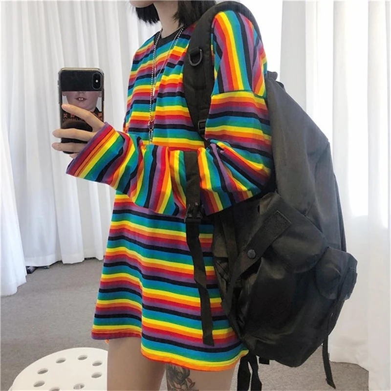 Rainbow Stripe T Shirt Hoodies Harajuku Female T-Shirt Long Sleeve T-shirts Pullovers Tops For Women Female Sweatshirt