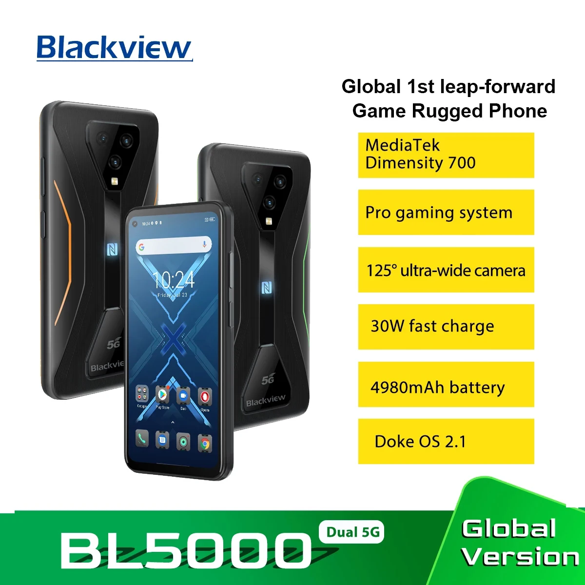 

Blackview BL5000 Dual 5G Global Verison Mobile Phone 8GB+128GB 4980mAh 30W Fast Charge IP68 Waterproof Rugged Gaming Phone