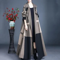plus size trench for women plaid long print streetwear casual female wide waisted coat vintage loose trench jacket