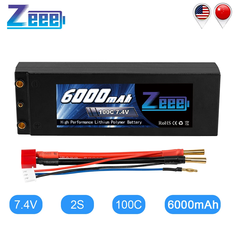 Zeee Lipo Battery 6000mAh 7.4V 100C 2S Lipo RC Car Battery with Deans T Plug 2S RC Lipo Battery for Car Boat Truck Truggy Buggy