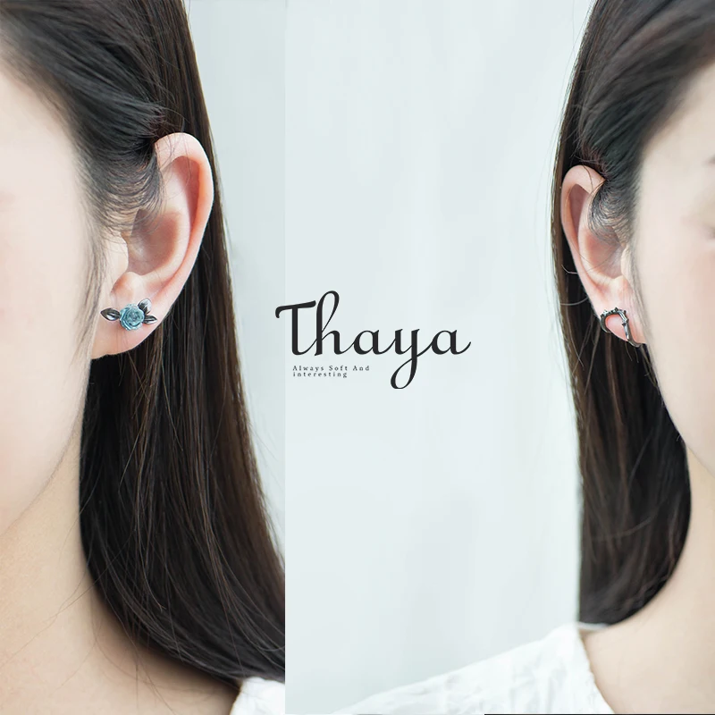 Thaya s925 Серебряные серьги-гвоздики с синими кристаллами и розой для женщин, асимметричные серьги в виде цветка, Женские Ювелирные изделия, подарок