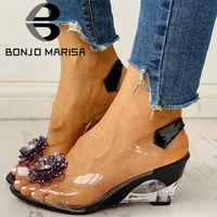 bonjomarisa large size 34 43 hot sale ins hot transparent flat sandals shoes woman elegant flowers wedges sandals women