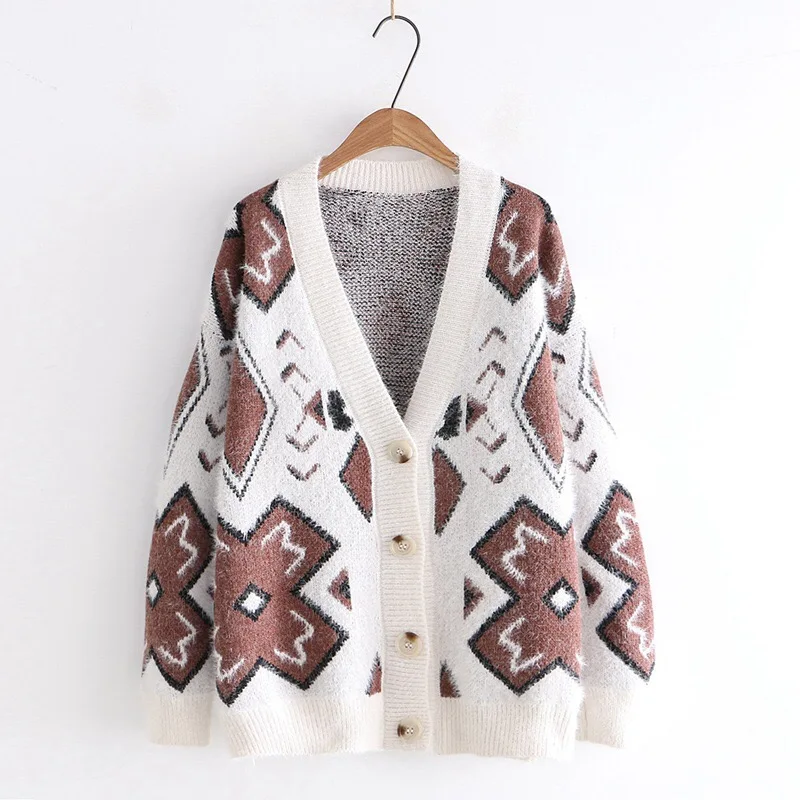 kawaii cute geometric pattern v-neck single breasted mohair sweet Cardigan sweater |