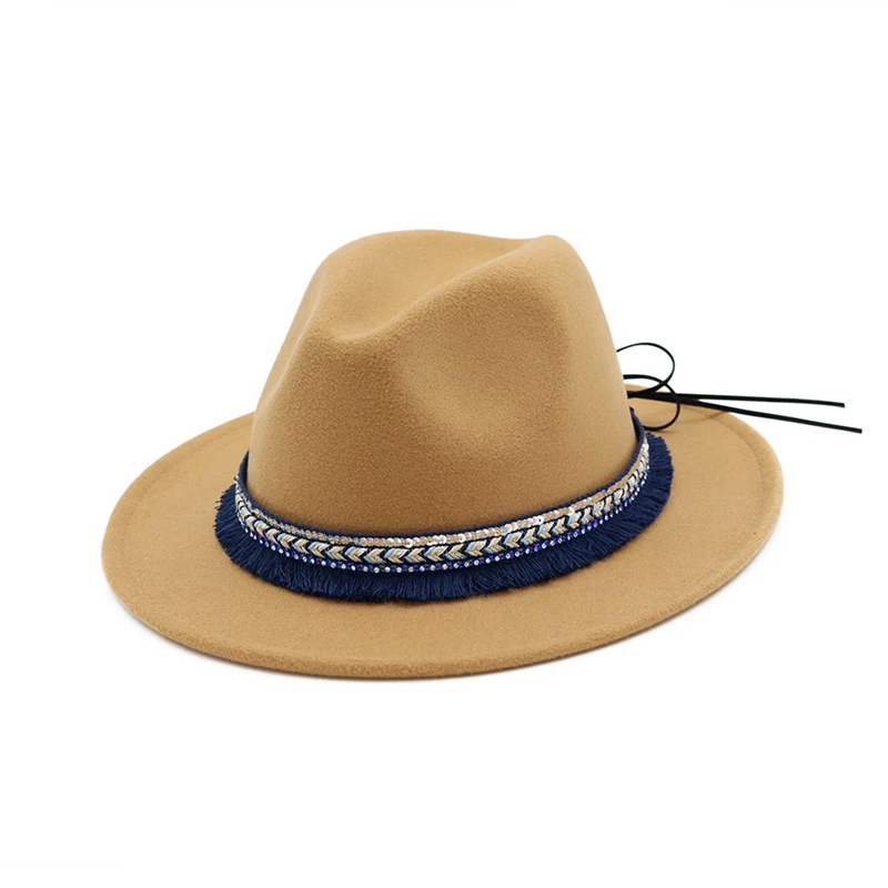 

High Quality Wide Flat Brim Wool Felt Formal Party Trilby Fedora Hat Fashion Men Women Lady Jazz Cap Hat with Ribbon Decoration