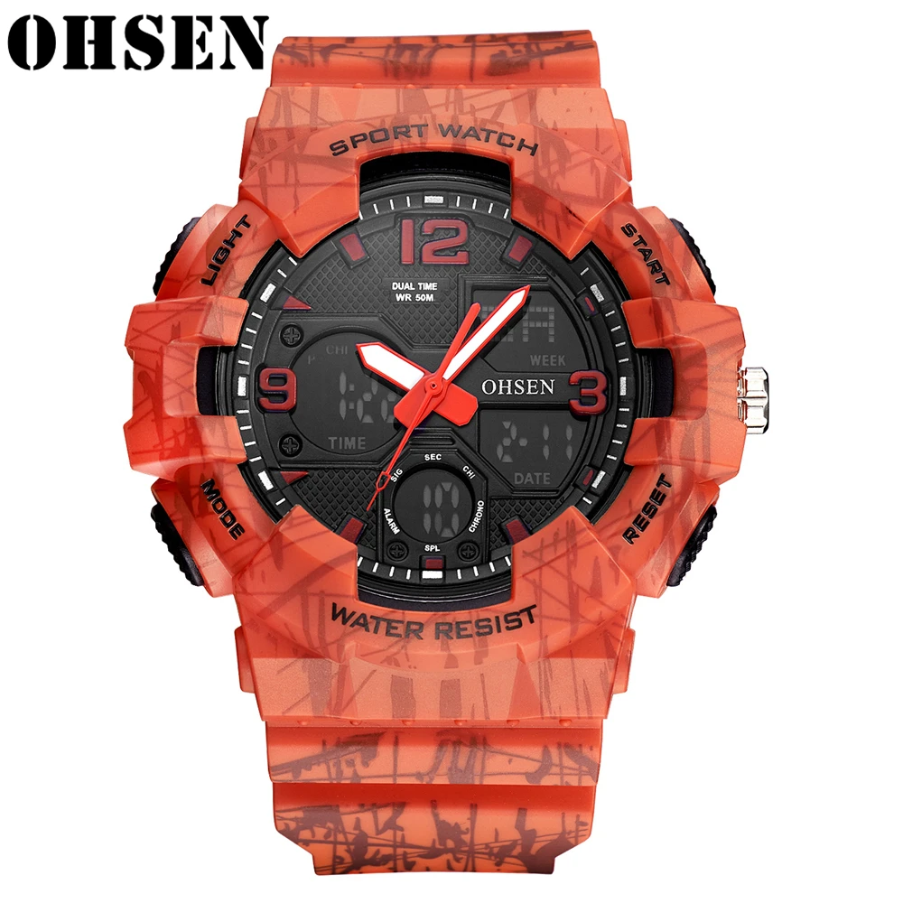 

Часы наручные OHSEN Мужские кварцевые, модные брендовые люксовые спортивные цифровые с несколькими часовыми поясами, с двойным циферблатом