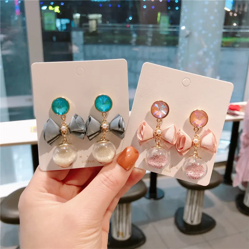Серьги с бантом в Корейском стиле женские длинные серьги-капельки со стеклянной