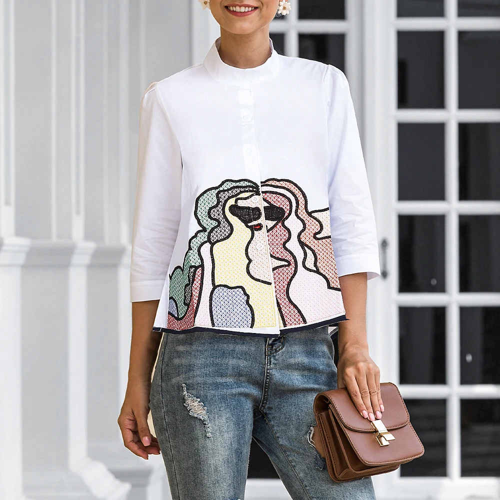 

Elegant Shirt Women Fashion Casual Mid-Sleeve Babydoll Shirts Embroidery White Shirt Top Women'S Clothing With Free Shipping