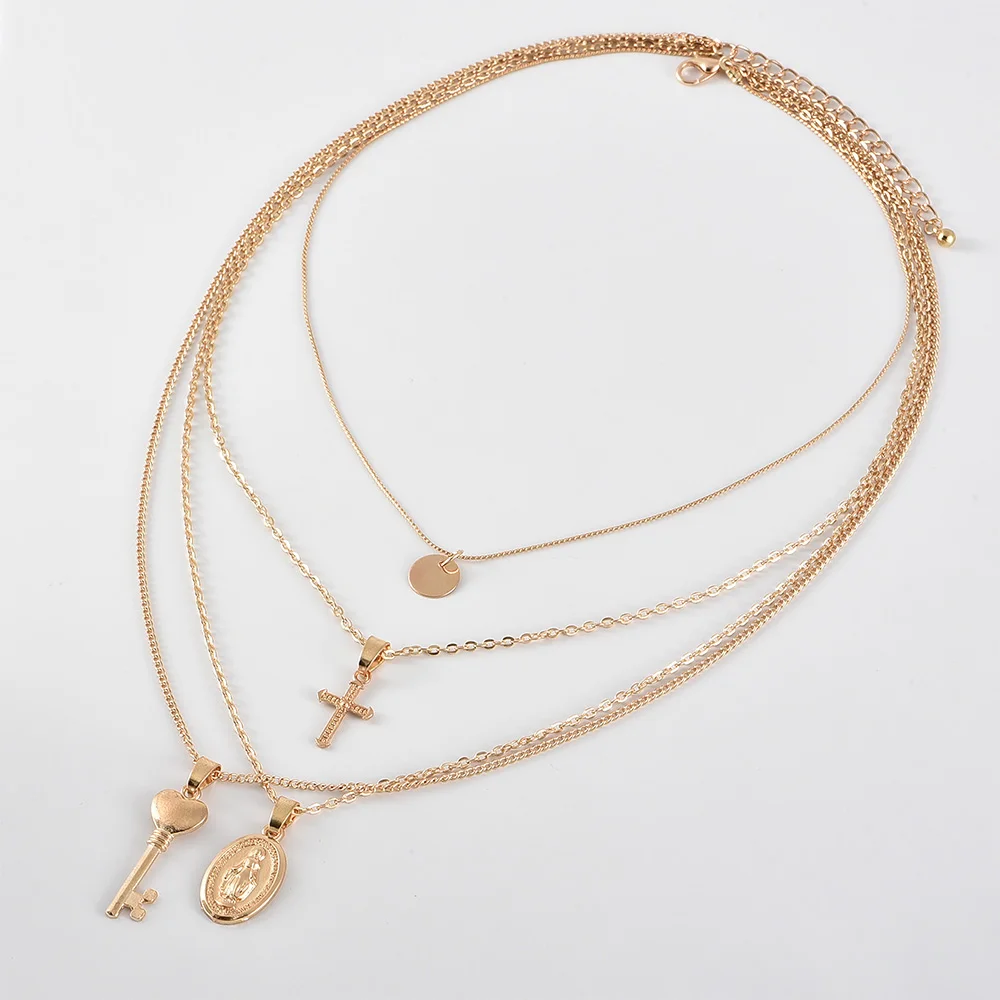 Богемное ожерелье s Retro Cross Virgin Mary Heart Key многослойное с подвеской дамское