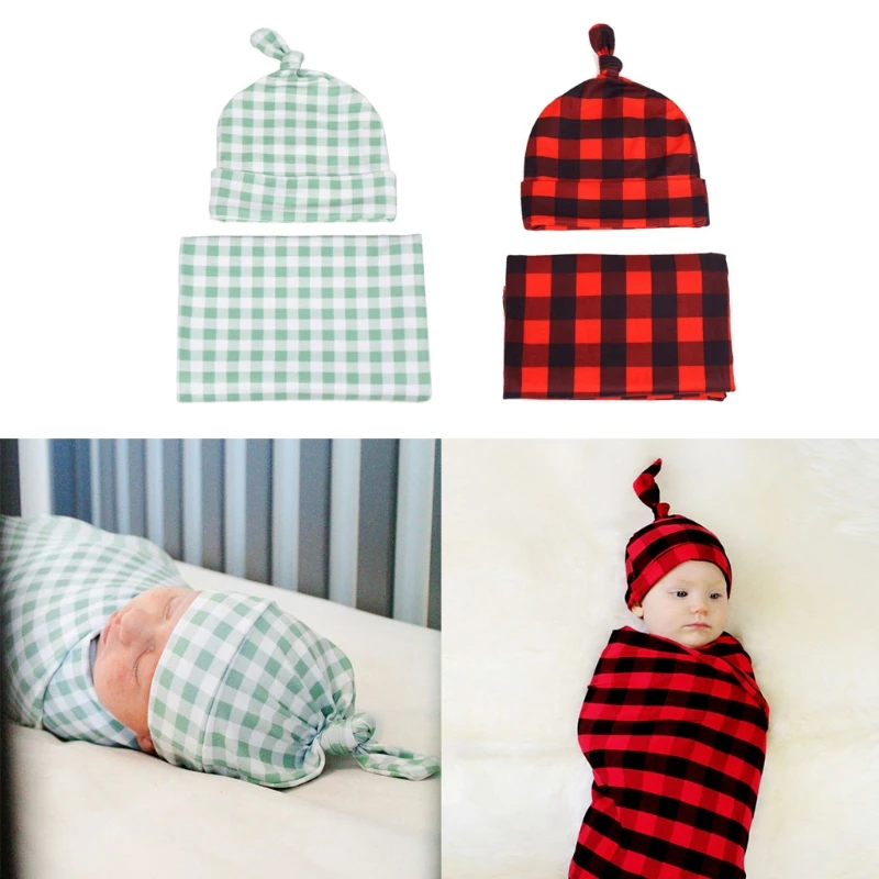 

Infant Muslin Swaddle Wrap Beanie Baby Lattice Pattern Blanket Tail Knot Hat