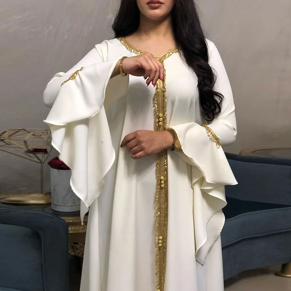 

Мусульманское модное платье с оборками на рукавах Jalabiya Eid 2021, кафтан, Abayas для женщин, Дубай, марокканская, Арабская, Турецкая одежда, Золотое ...