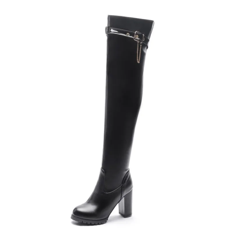 

Winter Platform Goth Boots With Chain Decor Genuine Leather Women's Long Boots Super High Heels Black Boots Designer Shoes