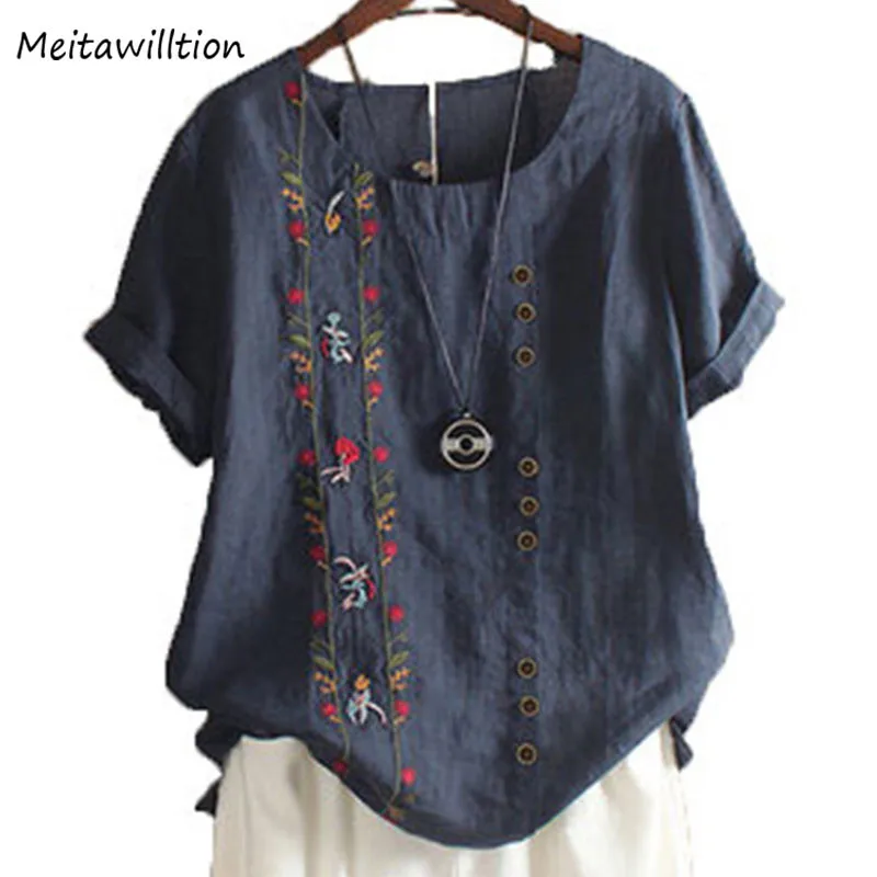 Блузка льняная Женская с круглым вырезом и коротким рукавом 2020 размера плюс |