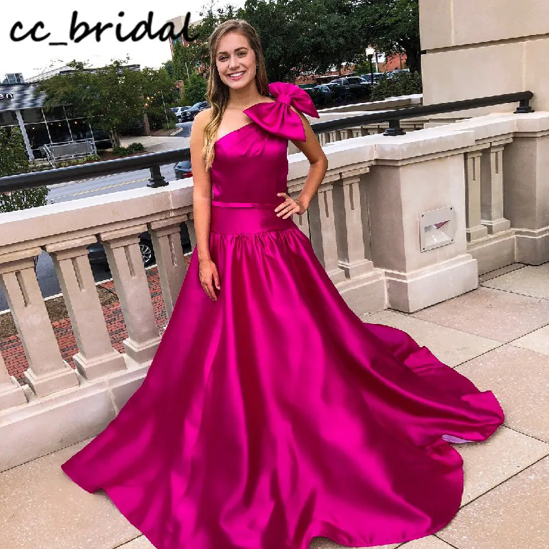 

Sexy One Shoulder Prom Dresses Long 2020 Fuchsia Satin Formal Evening Party Gowns For Women With Bowknot Vestidos de formatura