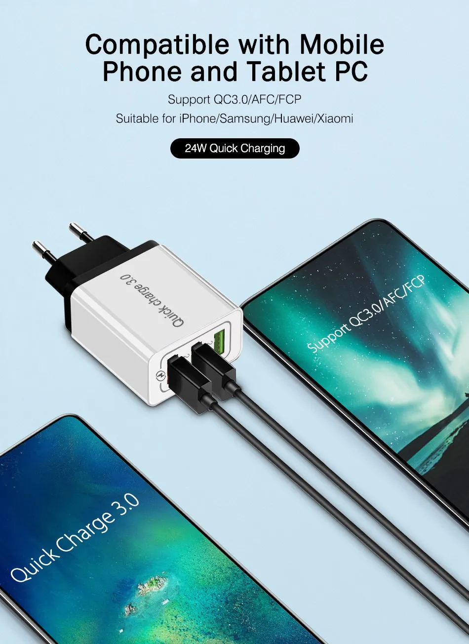 OREY 24 Вт QC 3,0 быстрое зарядное устройство для samsung S10 3 порта USB зарядное устройство для huawei mate 20 Quick Charge 3,0 зарядное устройство адаптер