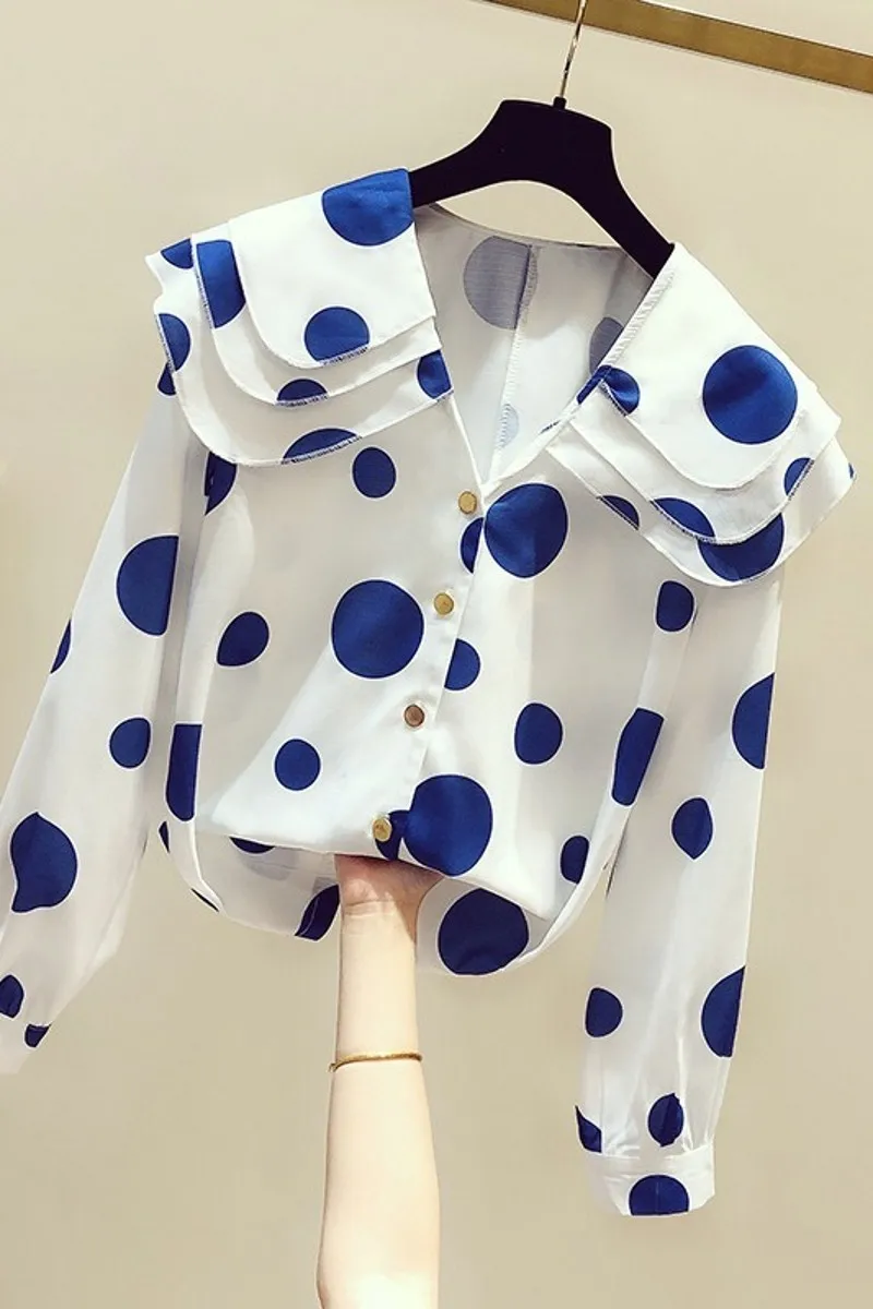 

2020 New Autumn Korea-style Peter Pan Collar Long Sleeve Female Blouses Blue Polka Dot Casual All-match Chiffon Shirts Women