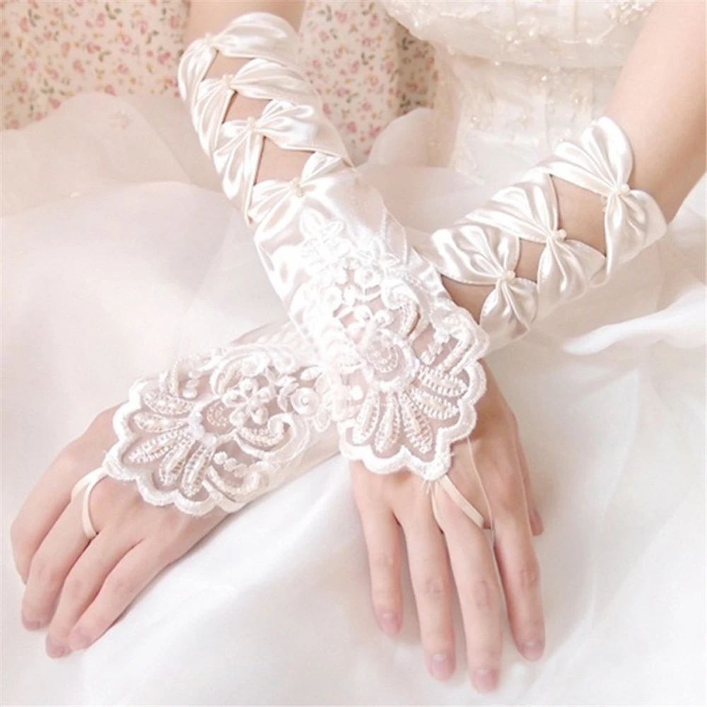 Gloves Fingerless Mittens Romantic For Wedding Bridal Pearl Lace Hollowed Tie Red temperament | Аксессуары для одежды