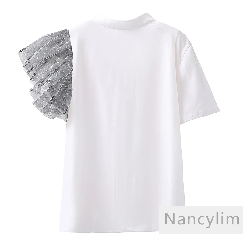 

White Short Sleeve T-shirt for Women 2021 Spring and Summer New Korean Style Mesh Patch Cotton Shirts Tops Femme