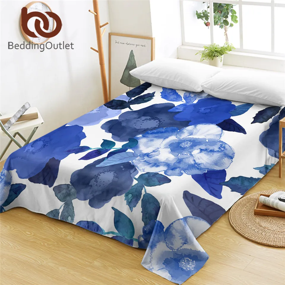 BeddingOutlet Flowers Bed Sheet Watercolor Art Flat Leaf Bedspreads 1-PC Blue Bedlinen drap de lit Dropship | Дом и сад