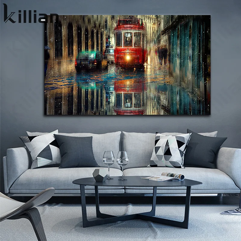

Vintage Decorative Poster City Bus Rain Road Street Photography Picture Canvas Painting On The Wall Modern Decoration Living