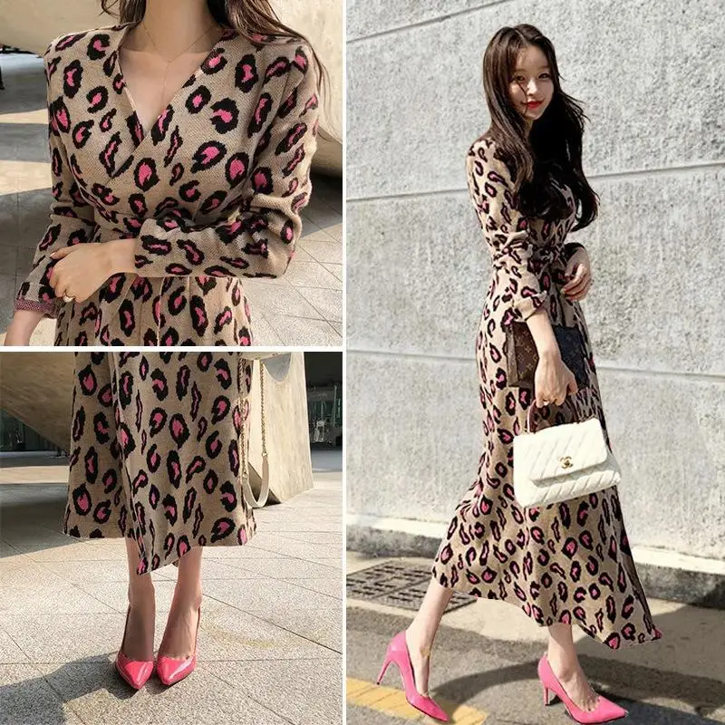 Vintage Leopard Print Long Maxi Dress Autumn V-neck Lace Up Bodycon Dress Knitted Split Winter Women Dress Party Vestidos S-2XL