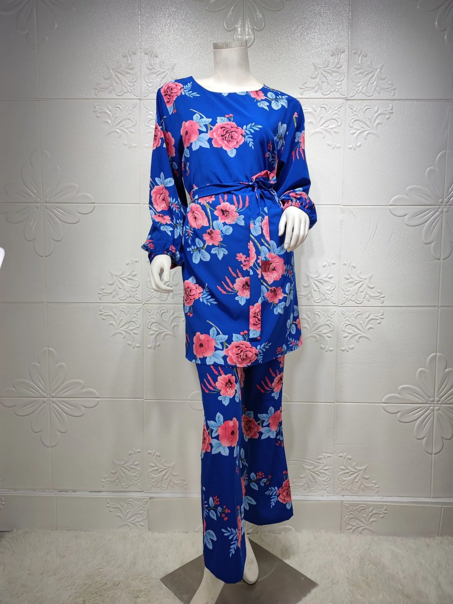 

Elegant 2pcs Print Tops Pant Sets Silk Satin Muslim Suits Abaya Robe Jumpsuits Tracksuit Outfits Islam Longue Ensemble Female