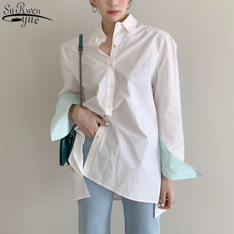 

2021 Summer Korean Fashion Long Sleeve Turn-down Collar Womens Tops and Blouses Solid Casual Loose Split OL Style Blouse 10294