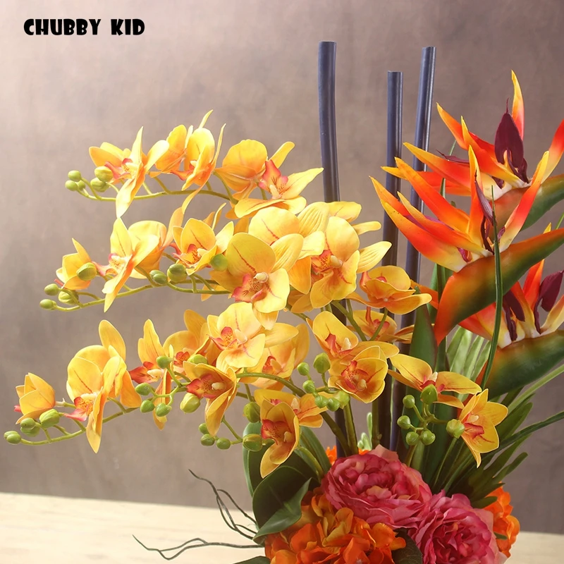 Goedkoop Hoge Simulatie Bloemstuk Real Touch Kunstmatige Orchideeën Hemel Vogel Met Gouden Keramische Vaas Gele Bloem Art Pak