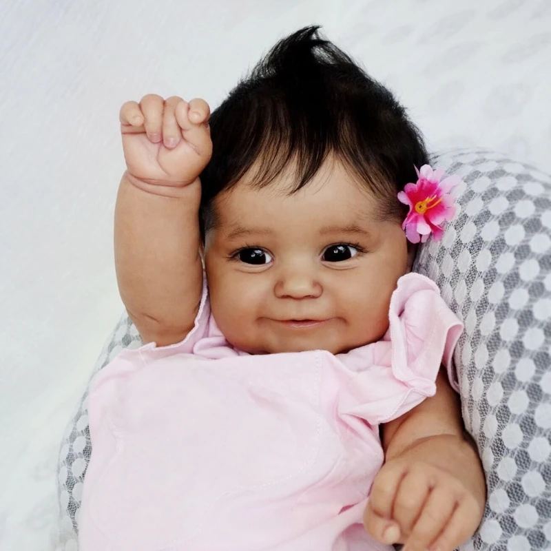 

20 Vinyl Toy Silicone Realistic Baby Girl Doll with Pink Dress Lifelike Educational Interactive African RebornDoll