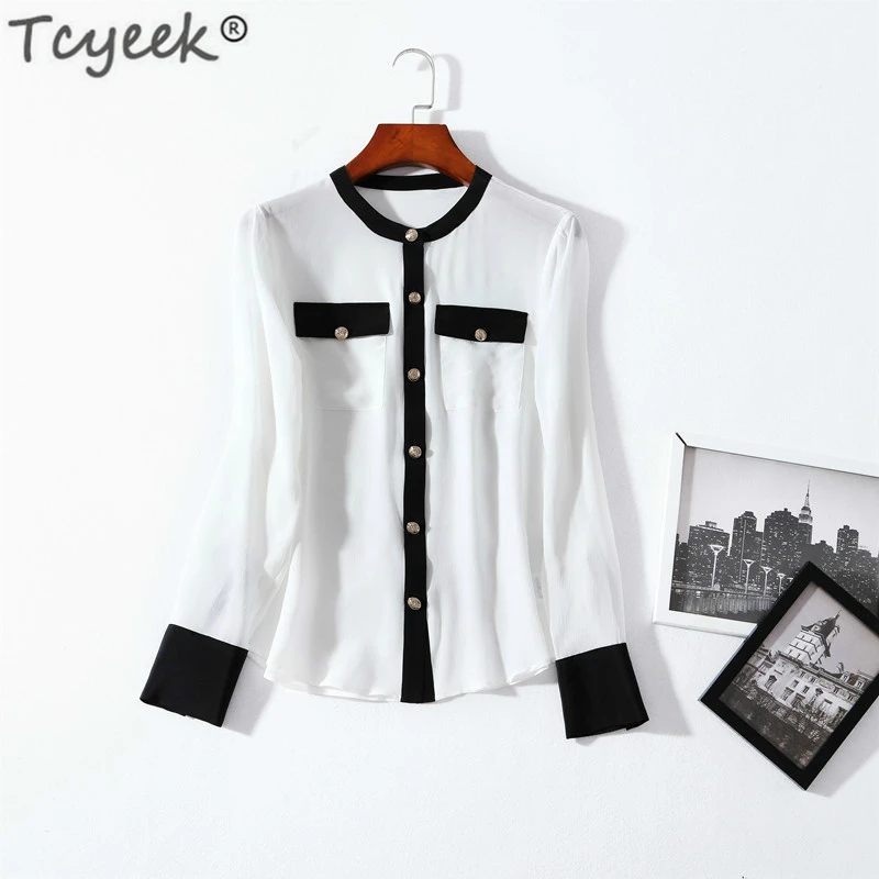 100% блуза из натурального шелка Женские топы и блузки черная белая рубашка