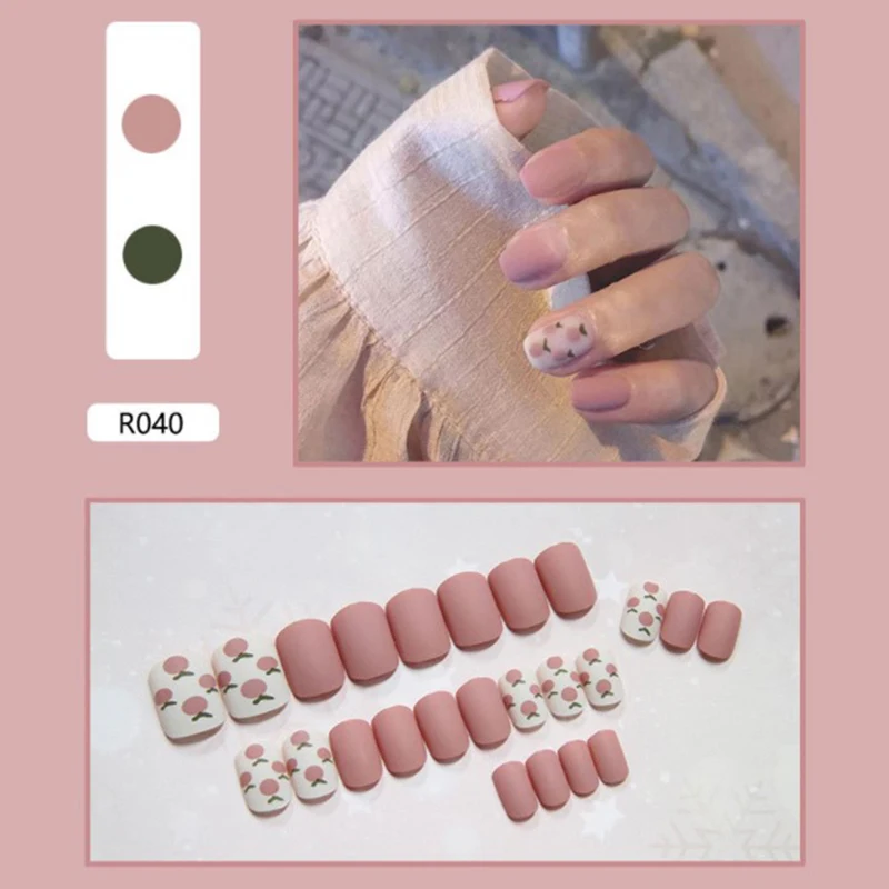 

24PCS/Set Pink And White Peach Pattern Girls Fake Nails Art Press On With Glue