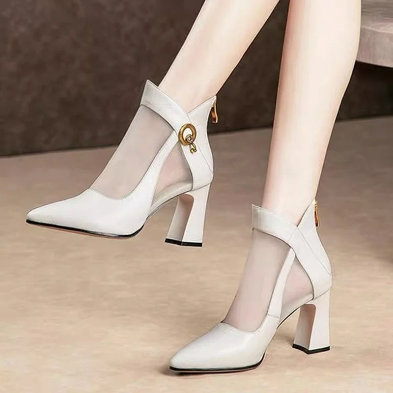 

2022 Women's Pointed High Heels New Zipper Mesh Single Shoes Autumn High Heels Fashion Thick Heel Sandals Women Summer Sandals