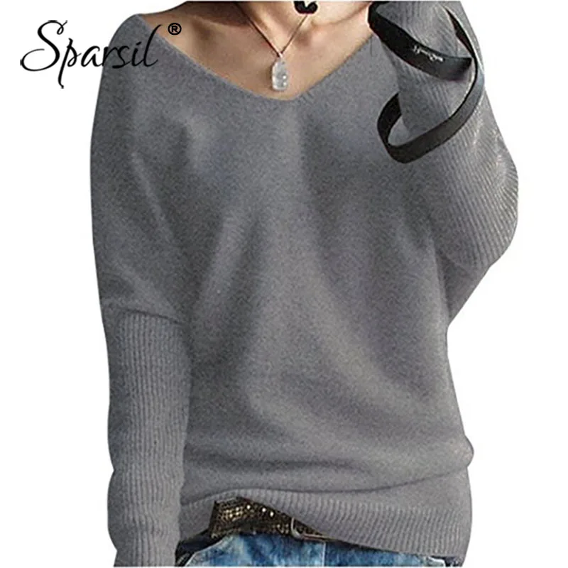 Sparsil Women 2018 Autumn Sweaters V Neck Sexy Batwing Sleeve Wool Cashmere Sweater Winter Tops Knitwear Plus Pullover | Женская одежда