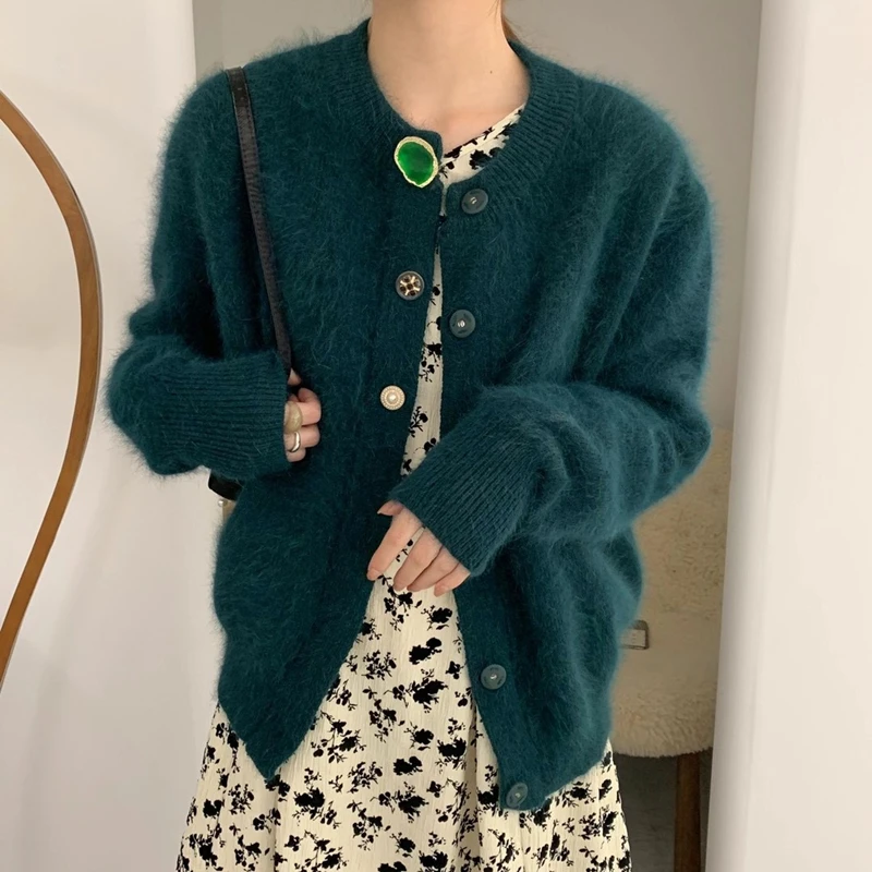 

Женский мохеровый кардиган на пуговицах, толстый теплый мягкий вязаный кардиган из зеленой норки и кашемира, пальто с драгоценными камнями, Осень-зима