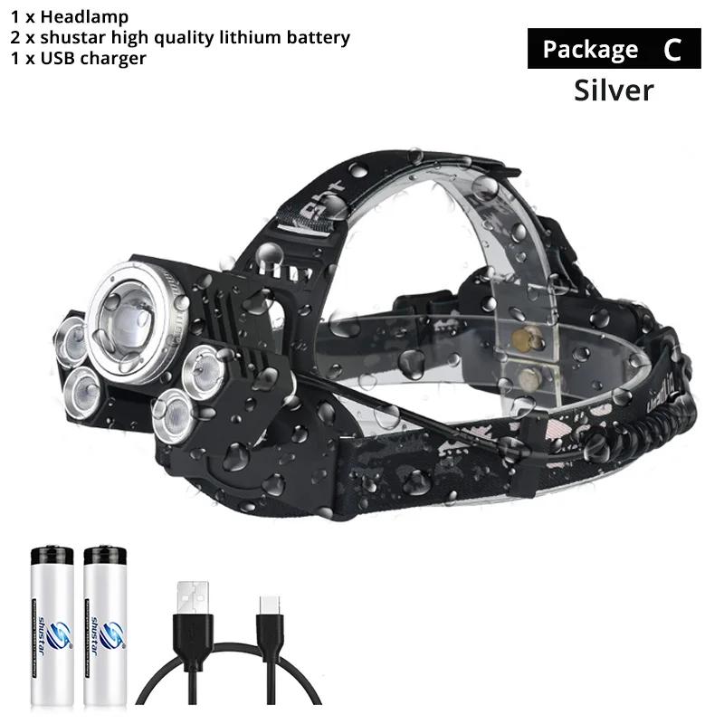 Package C-Silver Мощный светодиодный налобный фонарь вращающийся зум водонепроницаемый головной светильник с использованием антибликовых линз белый/желтый/синий светильник 18650 для рыбалки - Испускаемый цвет: Package C-Silver
