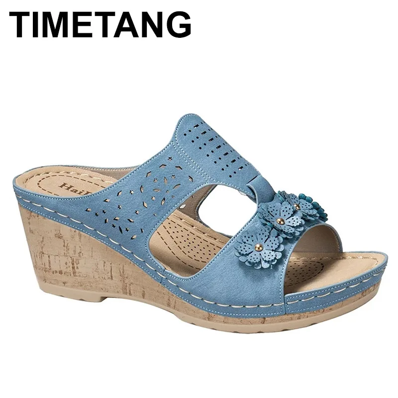 

TIMETANG Hollow Out Slope Heel Comfy Women Sandals Summer Outdoor Flower Fashion Ladies Sandals Leather Shoes Casual Slippers