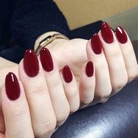 24pcsset gorgeous wine red false nails with glue middle long round head full nail tips finished fake nail artificial nails