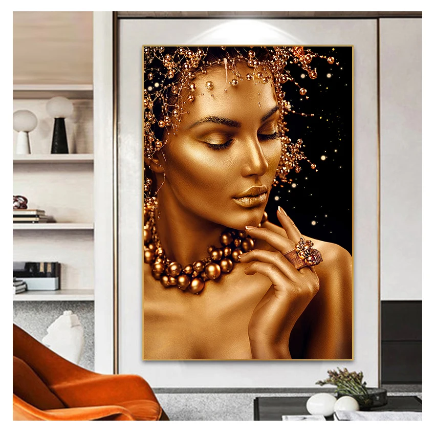 Gold Woman Oil Painting on Canvas Cuadros Posters and Prints Wall Art Picture for Living Room Sexy Nude African Art Black and